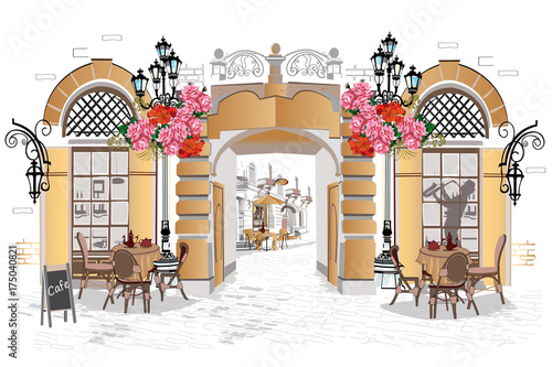 Series of backgrounds decorated with flowers, old town views and street cafes. Hand drawn Vector Illustration.
