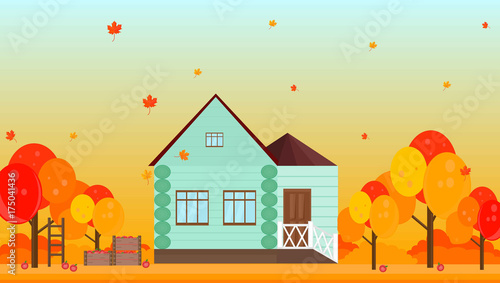 Village house in autumn season background Vector illustrations