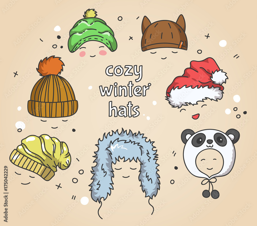 Fototapeta premium Cozy winter hats, vector illustration