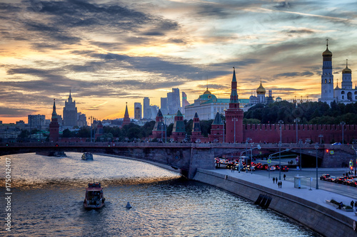 Center of Moscow, the Kremlin and the embankment at sunset