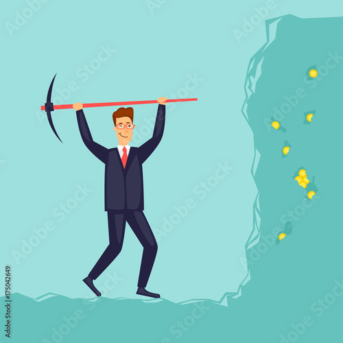 Businessman digging the earth. Flat vector illustration in cartoon style.