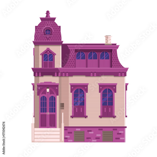 Old mansion building isolated on white background. Classic victorian house or colonial style home with front porch. English manor vector illustration in flat design.