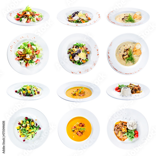 set of various plates of food isolated on white background with clipping path for Menu