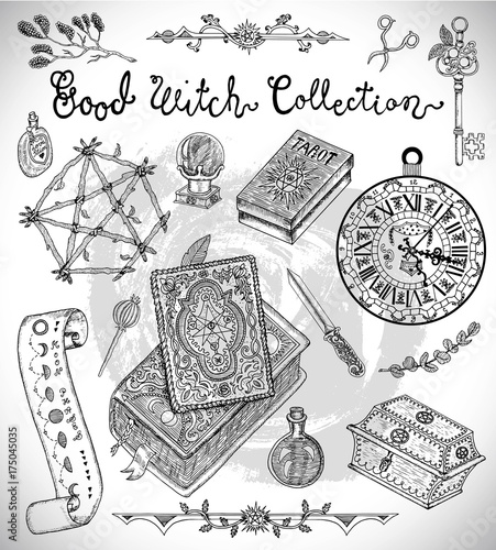 Design collection with Halloween objects - magic books, pentagram, etc