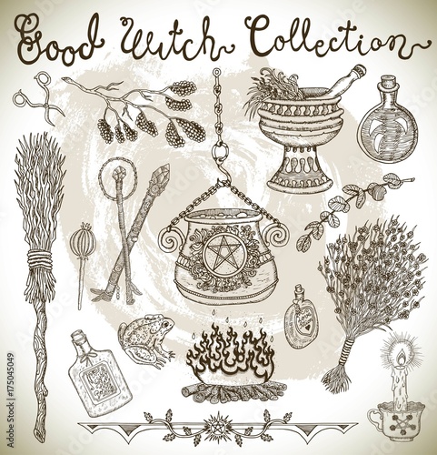Halloween design background with witch objects - pot, broomstick, magic herbs
