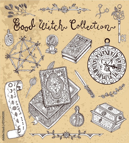 Magic objects for Halloween design - pentagram, magic books, herbs, etc