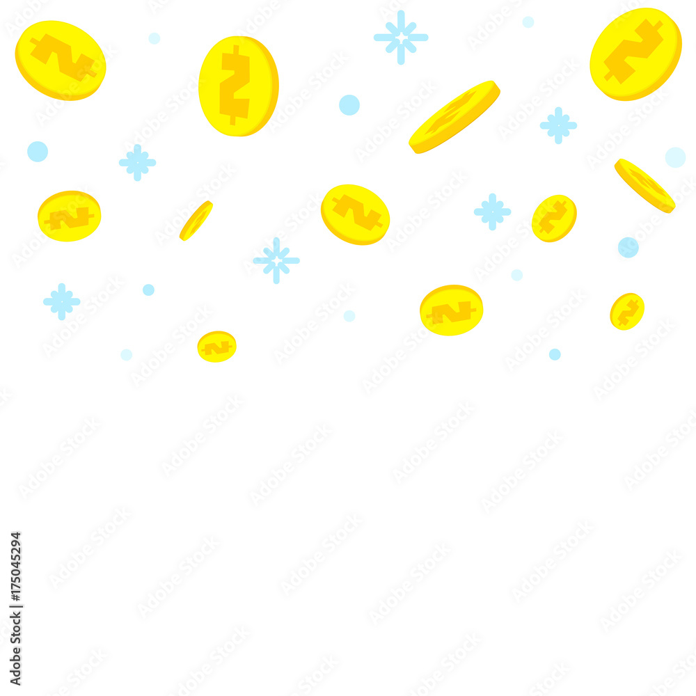 Golden dollar coins falling down with snow on white background. Fundraising success business concept. Financial contribution. Mobile payments banner. Investment, saving symbol. Vector illustration. Golden dollar coins falling down with snow on white background. Fundraising success business concept. Financial contribution. Mobile payments banner. Investment, saving symbol. Vector illustration.