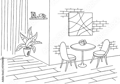 Dining room graphic black white sketch illustration vector