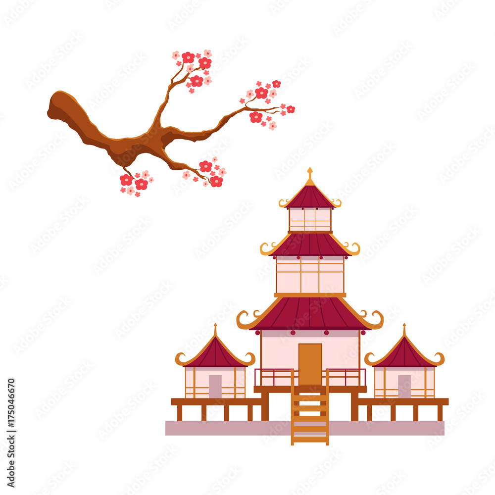 Asian japan china oriental symbols concept set. Blooming sakura branch with flowers, traditional pagoda building temple. Isolated flat vector illustration on a white background