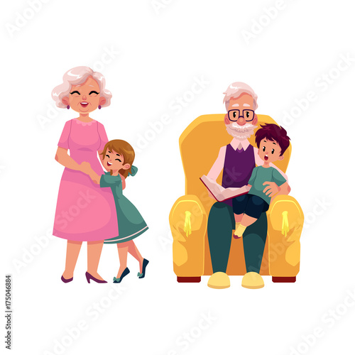 vector flat grandparents and children set. Grandson sitting at grandfather's knees reading book at armchair, grandmother hugging with small girl . Isolated illustration on a white background.