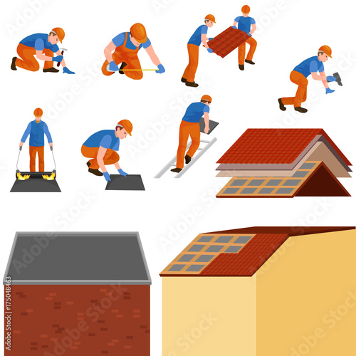 roof construction worker repair home, build structure fixing rooftop tile house with labor equipment, roofer men with work tools in hands outdoors renovation residential vector illustration