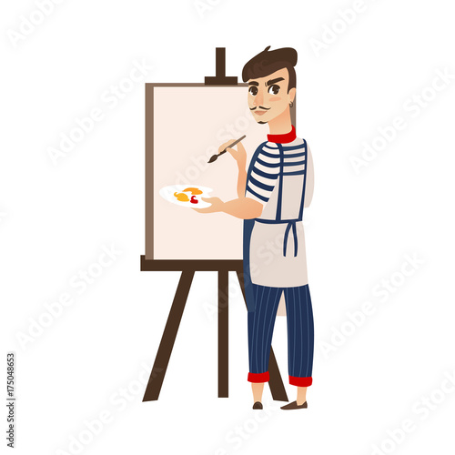 vector flat cartoon man artist painter wearing beret, mustache drawing on easel canvas. French parisian style male portrait full length. Isolated illustration ona white background