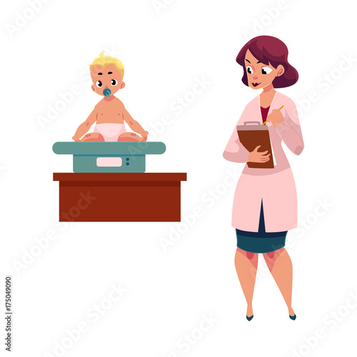 Young woman doctor, pediatrician measuring weight of little baby, cartoon vector illustration isolated on white background. Cartoon woman doctor, pediatrician and infant sitting on baby scale