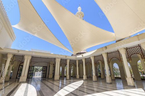 Atrium of a mosque with sun sails giving shade, Aqaba,  photo