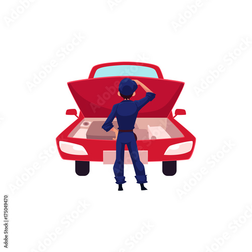 Auto mechanic, car service worker thinking what to do with a car engine, cartoon vector illustration isolated on white background. Cartoon auto mechanic, technician looking at car engine