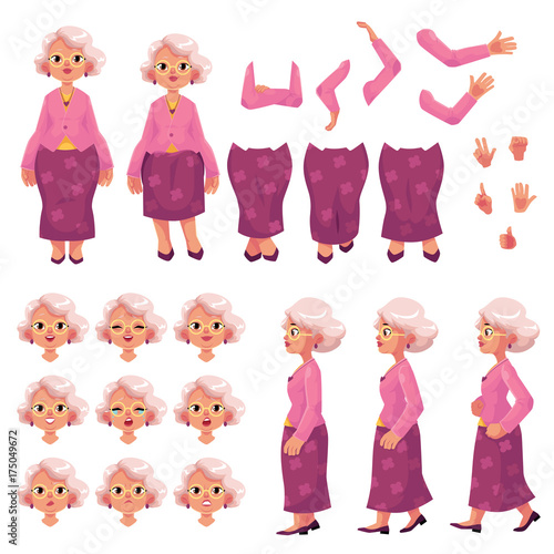 Old, senior woman character creation set with different poses, gestures, emotions, cartoon vector illustration on white background. Animation ready old lady, senior woman creation set, constructor