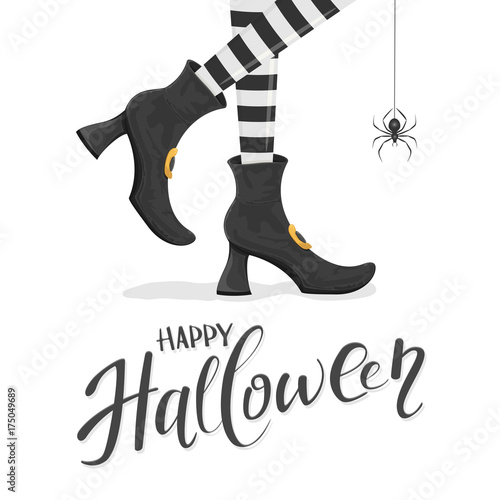 Text Happy Halloween with witches legs in shoes and spider