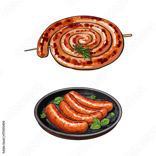 Freshly grilled, barbequed sausages, rolled in coil and fried on pan, sketch style vector illustration on white background. Realistic hand drawing of grilled, fried, barbequed sausages, long and short