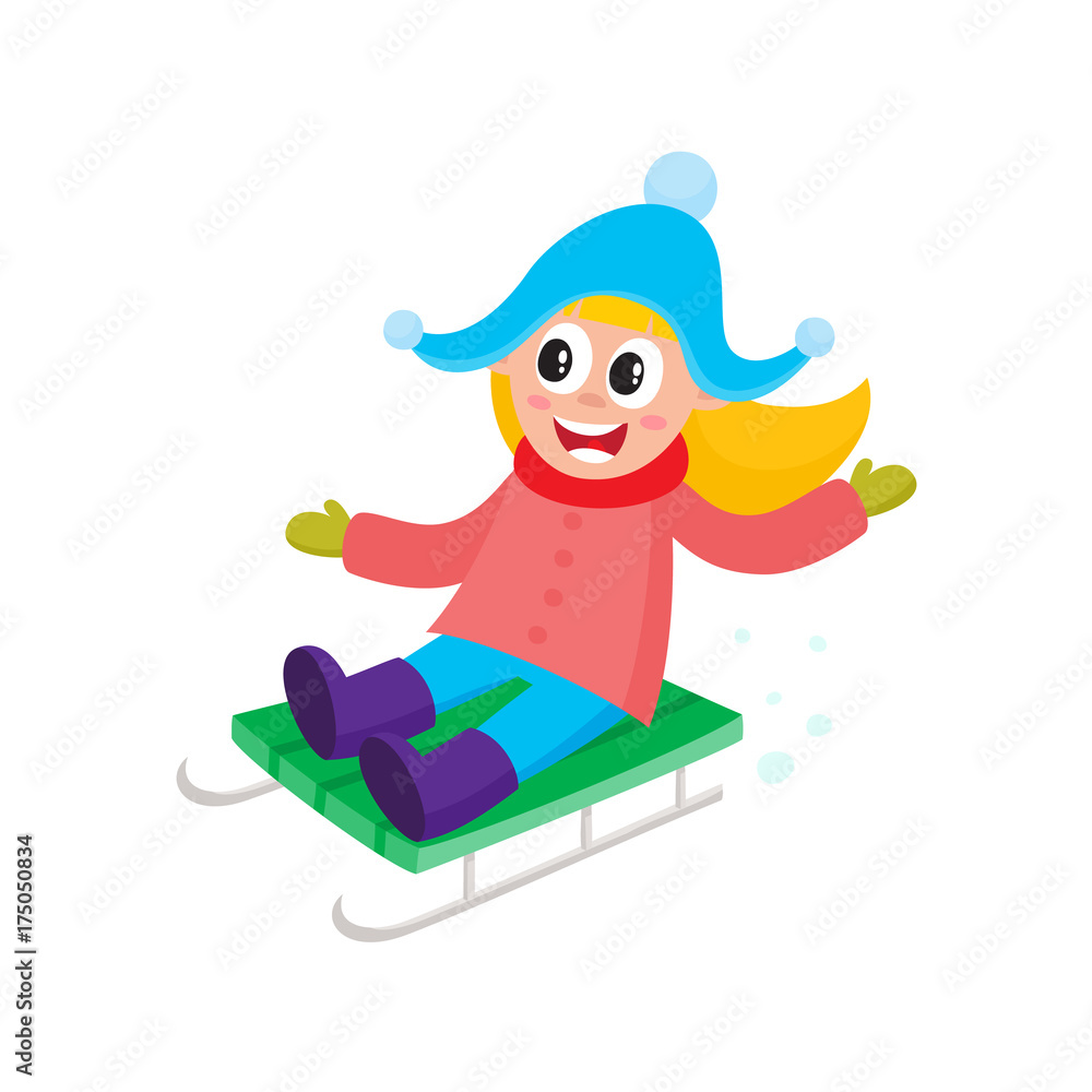 vector girl having fun enjoying sleigh ride. Flat cartoon isolated  illustration. Kid sledding, ride a sledge outdoors. Winter children  activity concept Stock Vector | Adobe Stock