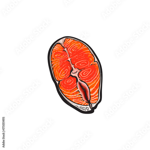 vector sketch cartoon style sea red salmon fish meat fillet steak. Isolated illustration on a white background. Seafood delicacy, restaurant menu decoration design object concept