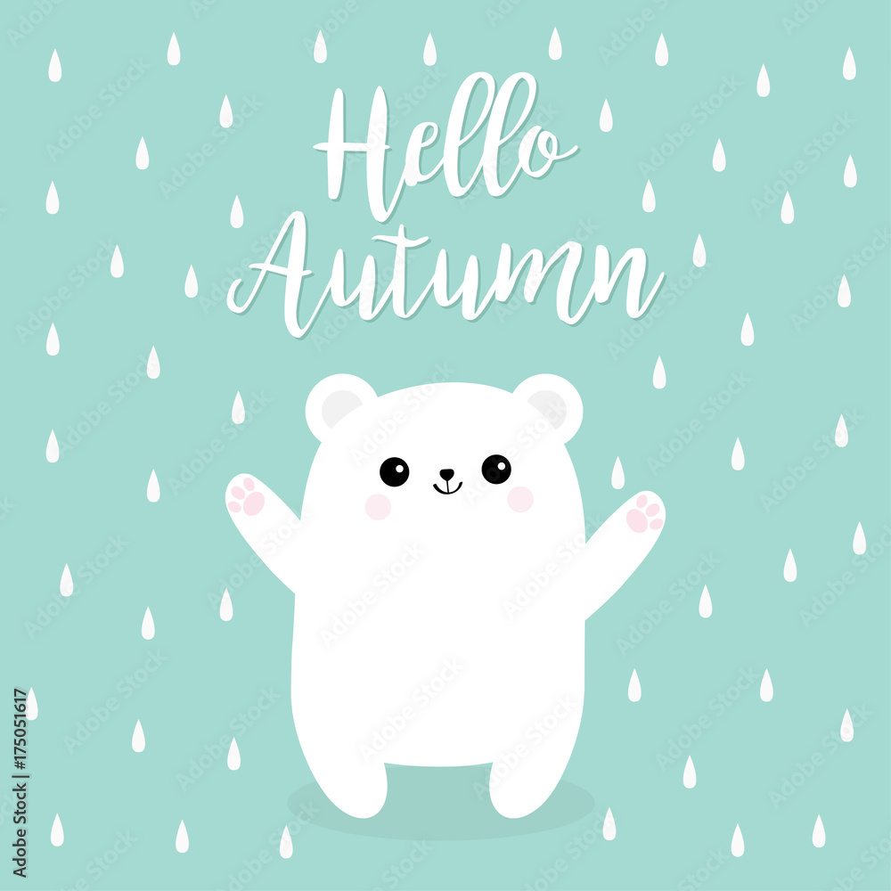Hello autumn. Rain drop. Polar white small little bear cub. Reaching for a hug. Cute cartoon baby character icon. Open hand ready for a hugging. Arctic animal. Flat design. Blue background. Hello autumn. Rain drop. Polar white small little bear cub. Reaching for a hug. Cute cartoon baby character icon. Open hand ready for a hugging. Arctic animal. Flat design. Blue background.