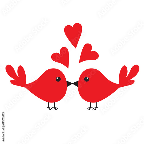 Two kissing bird family couple. Three red heart set. Happy Valentines Day. Love Greeting card. Cute cartoon character set. Flat design. White background. Isolated.