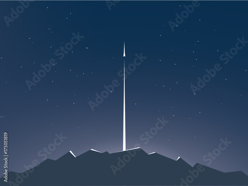 Business startup concept vector background with space for text or infographics. Rocket flying to space above mountains landscape, technology innovation, new business symbol.