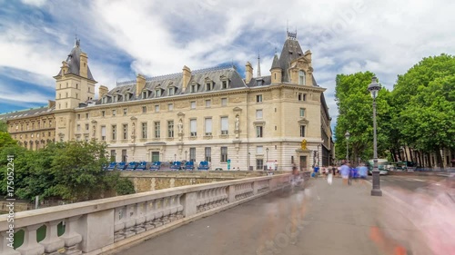 Building of Cour de cassation and traffic on Saint-Michel bridge timelapse hyperlapse in Paris, France