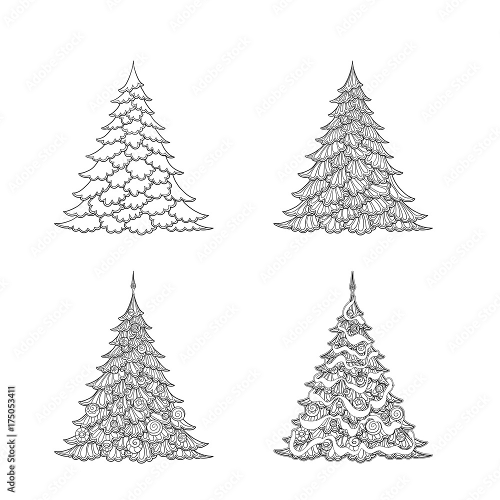 Fototapeta premium Set of Christmas trees. Contour drawing. Good for coloring page for the adult coloring book. 