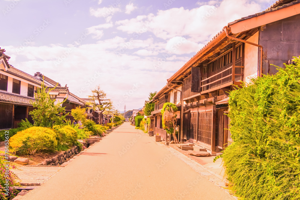 A road and the old  town  of Unno-juku is a post town and dozens of old buildings have been beautifully preserved  for the travelers of Hokkoku Road in Tomi-shi, Nagano Prefecture, JAPAN.