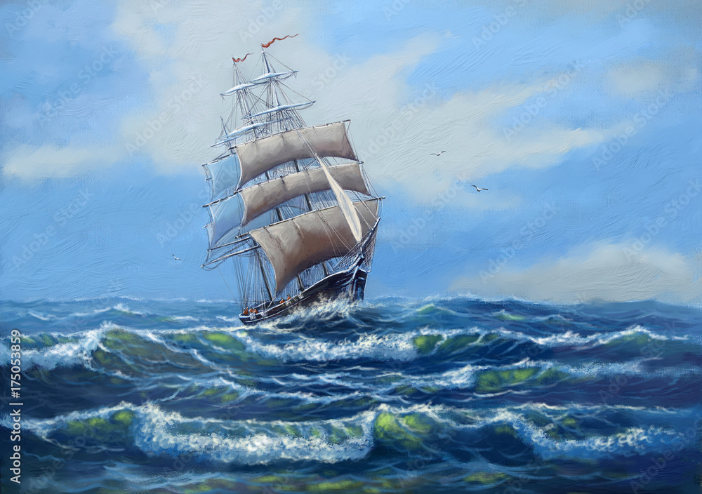 Naklejka premium Statek, krajobraz olejnych obrazów morskich, sztuka