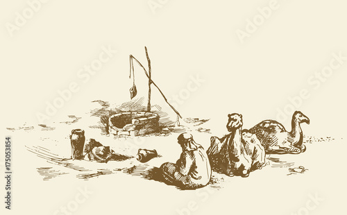 Man and camels at withered well in desert. Vector drawing