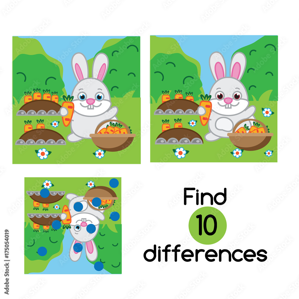 Obraz Find the differences educational children game. Kids activity sheet with rabbit in the garden