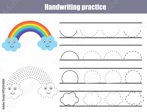 Handwriting practice sheet. Educational children game, printable worksheet for kids. Writing training printable worksheet with arc shapes