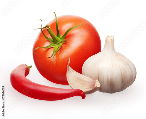 Tomato with leaf, garlic with clove and chili pepper vegetables