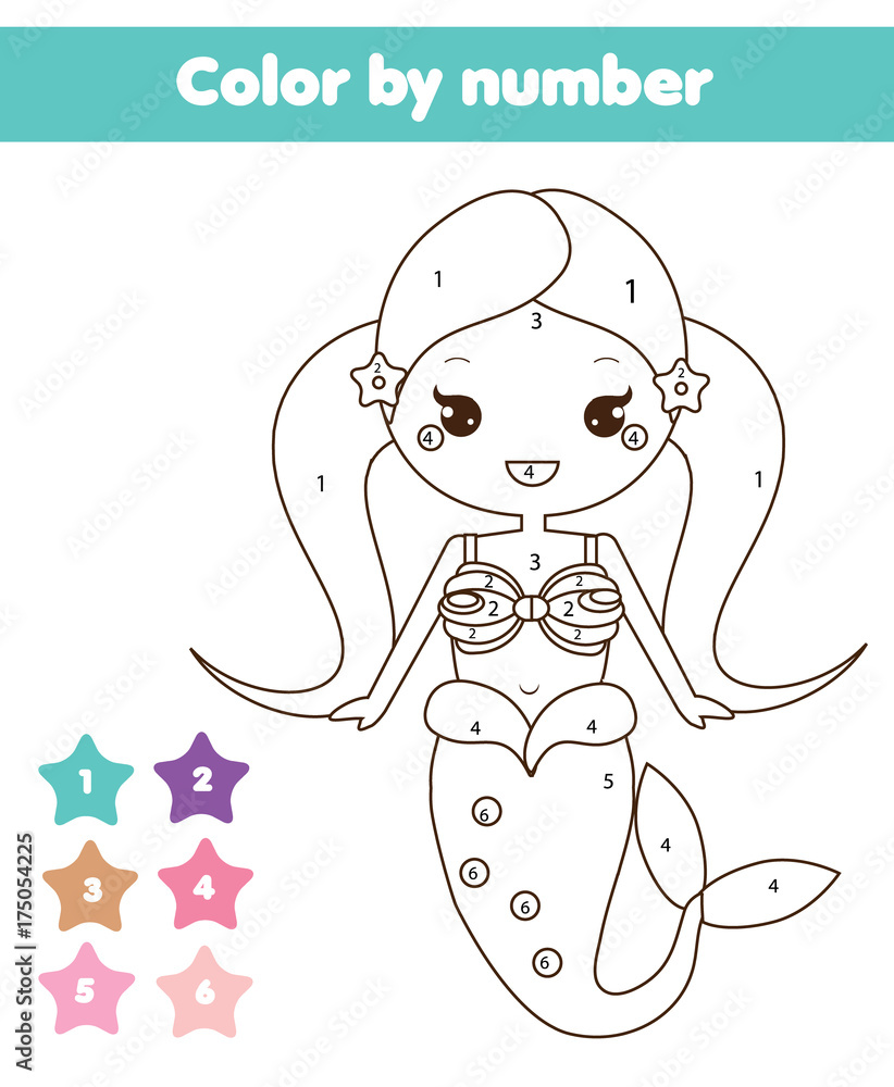 Fototapeta premium Children educational game. Coloring page with mermaid. Color by numbers, printable activity