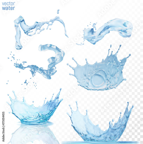 Water splashes on transparent blue background.