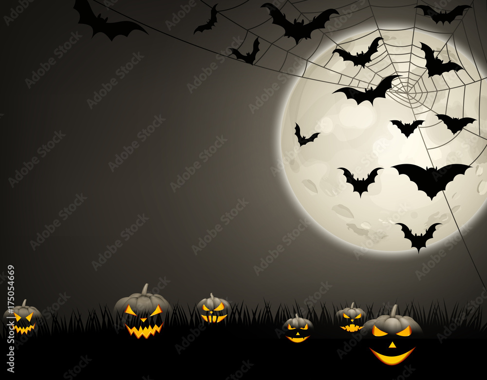 Halloween background with pumpkins and bats.