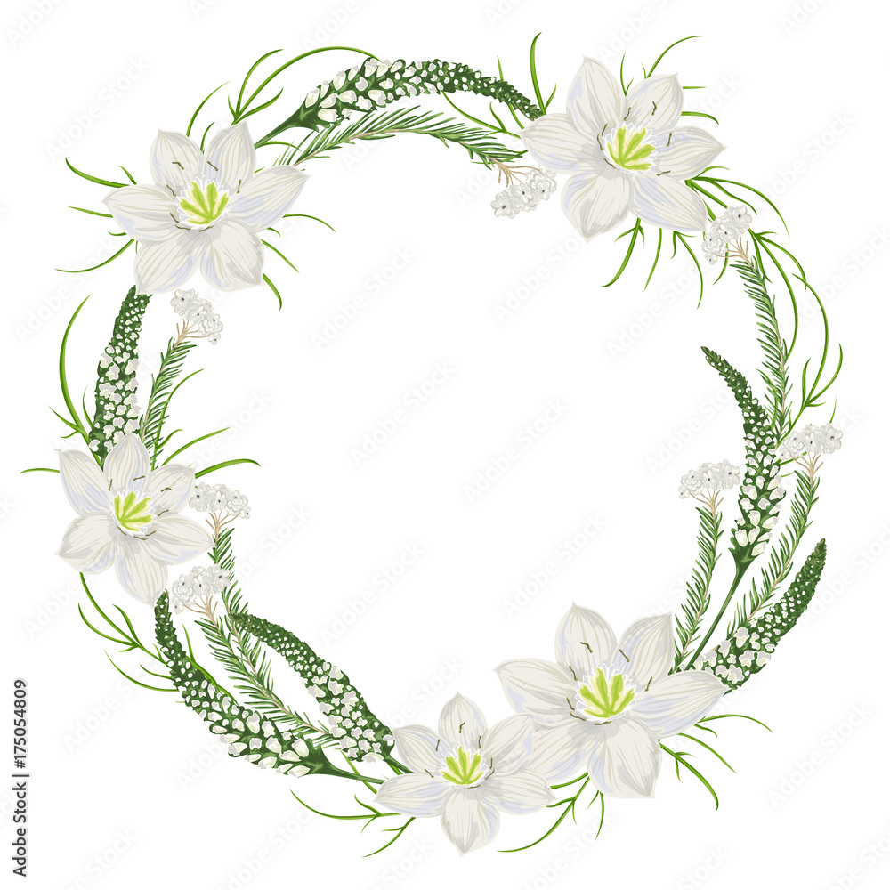 Wreath with eucharis lily, snapdragons and rice flowers . Winter floral design for wedding invitation, save the date card, banner, poster. Vintage hand drawn vector illustration in watercolor style Wreath with eucharis lily, snapdragons and rice flowers . Winter floral design for wedding invitation, save the date card, banner, poster. Vintage hand drawn vector illustration in watercolor style
