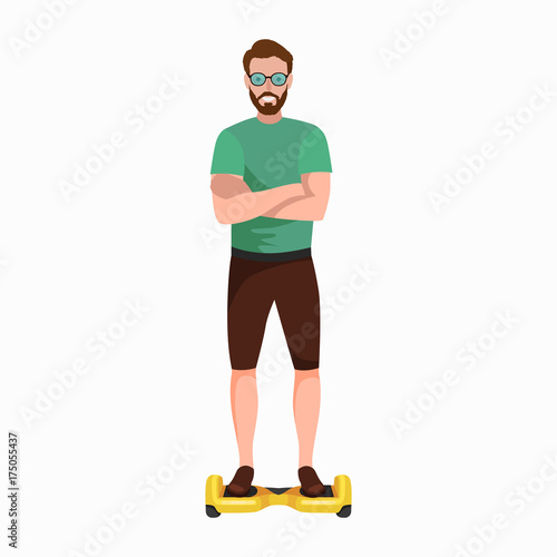 active peoples fun with electric scooter, new modern technology hoverboard, man self balance wheel transport gyroscooter ride the street vector illustrator