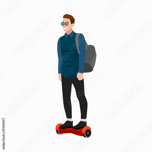 active peoples fun with electric scooter, new modern technology hoverboard, man self balance wheel transport gyroscooter ride the street vector illustrator