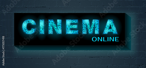 Online cinema glowing sign or glowing button concept. Retro neon cinema sign on brick wall background. vector illustration