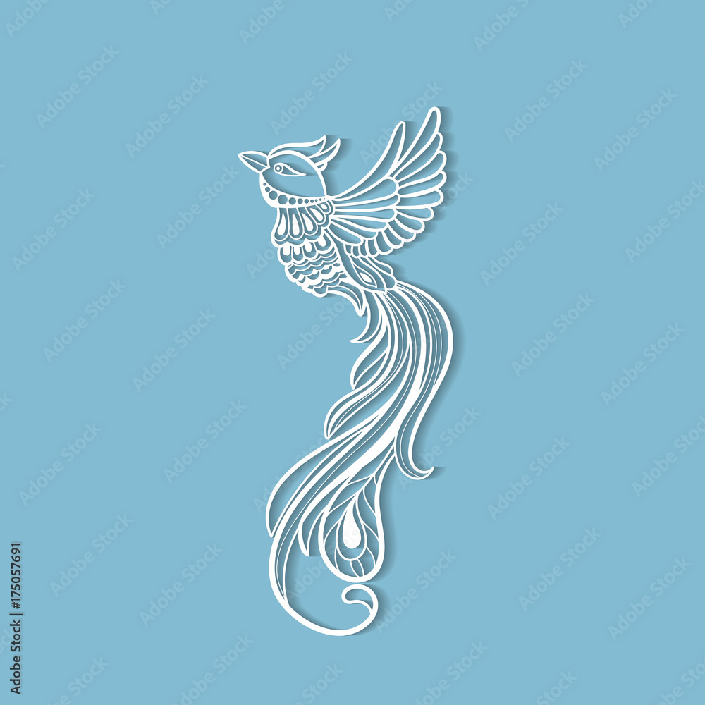 Fototapeta premium Flying fantastic bird with ornament decoration isolated on blue background. 