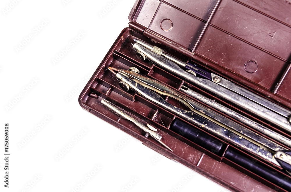 Case of drawing instruments isolated on white