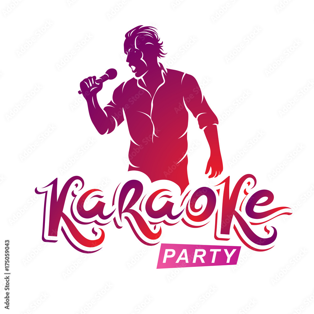 Happy man with microphone sings karaoke, live music concert vector invitation leaflet. Karaoke party writing. Happy man with microphone sings karaoke, live music concert vector invitation leaflet. Karaoke party writing.