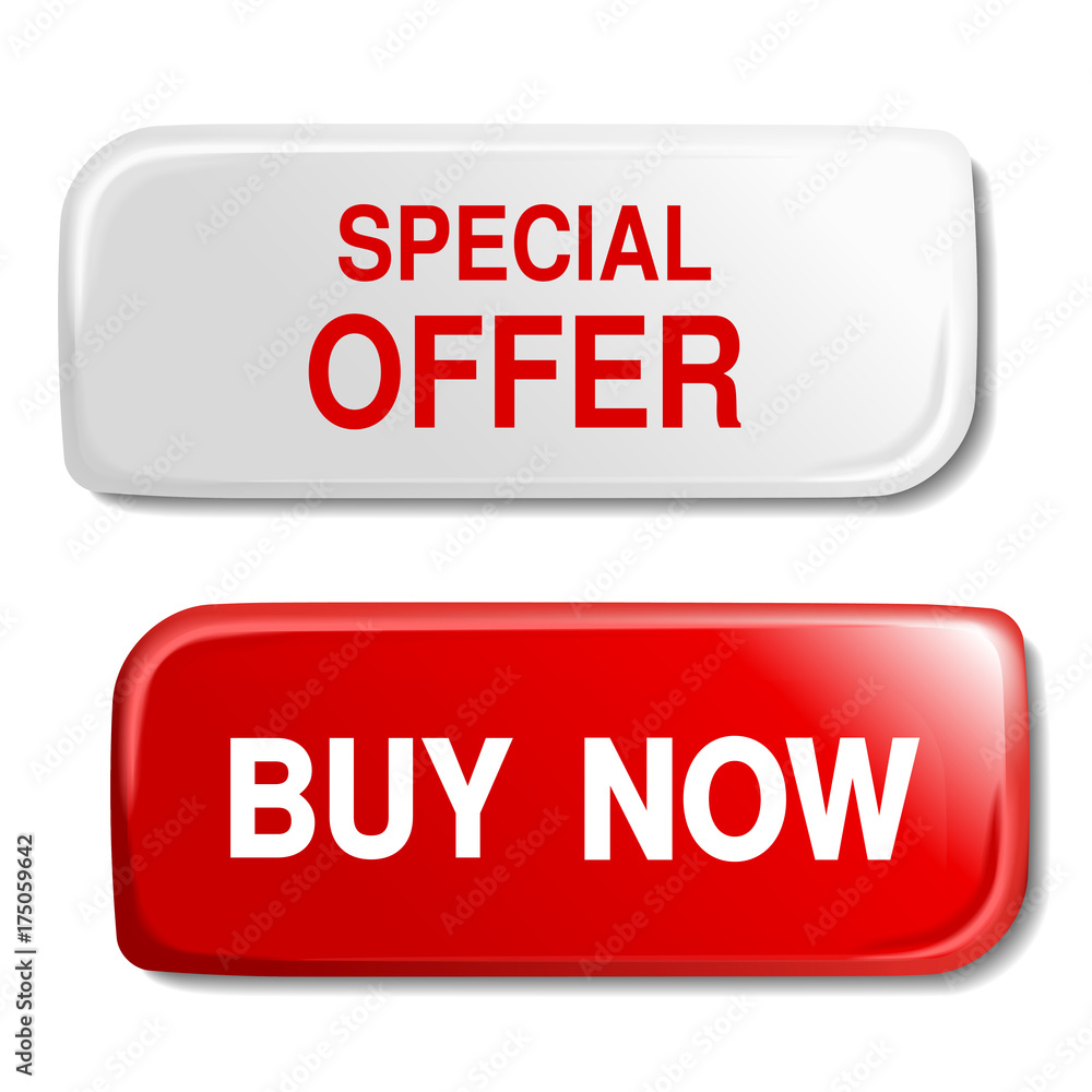 Vector red and white glossy button, plastic rectangle label with text - Special offer, Buy now. Vector red and white glossy button, plastic rectangle label with text - Special offer, Buy now.