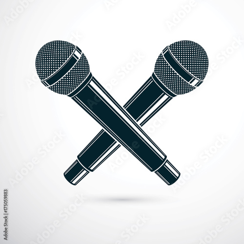 Two microphones crossed, vector illustration. Social media influence, broadcasting concept.