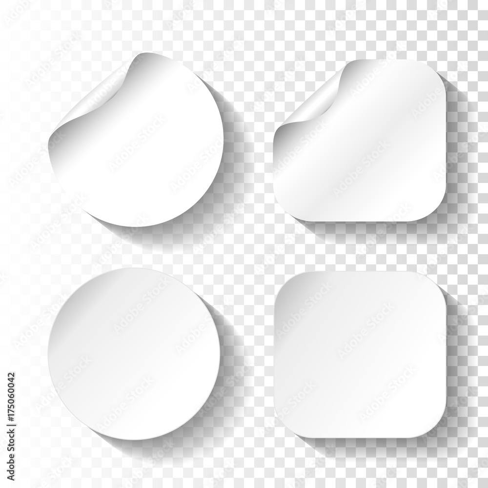 Vector set of white paper stickers on transparent background. Circle and square labels, buttons. Vector set of white paper stickers on transparent background. Circle and square labels, buttons.