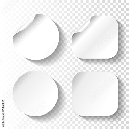 Vector set of white paper stickers on transparent background. Circle and square labels, buttons.