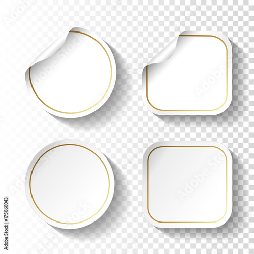 Vector set of white paper stickers on transparent background. Circle and square labels, buttons.